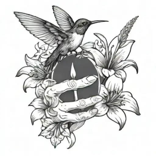 Bone Hand Holding A Lily And A Hummingbird