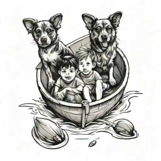 3 Kids In A Boat With Dad And Dog Paw Print