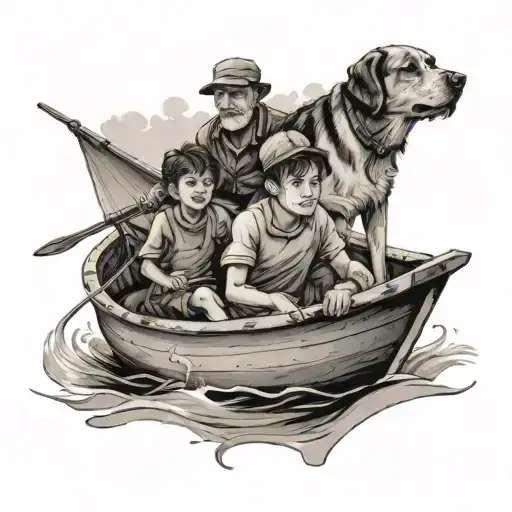 3 Kids In A Boat With Dad And Dog