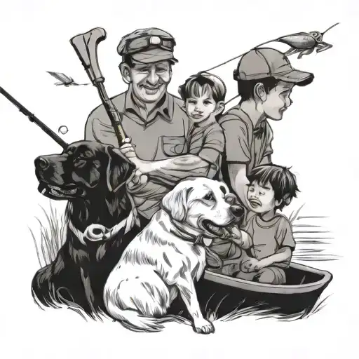 3 Kids Fishing With Dad And Dog
