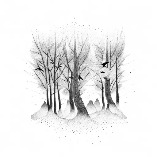 Forest With Birds At Dusk