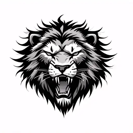A Roaring Aggressive Lion Head In The Style Of Cyberpunk