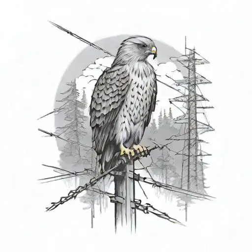 Hawk On Power Lines In A Forest