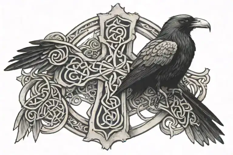 Odins Raven Behind A Celtic Cross With Valhalla Above It
