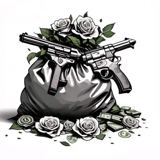 A Money Bag Overflowing With Roses And Guns Spilling Out