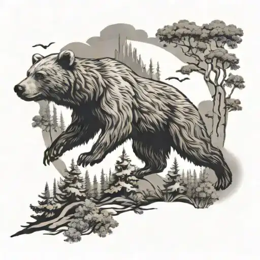 Bear And Hawk Flying Over Path In A Forest