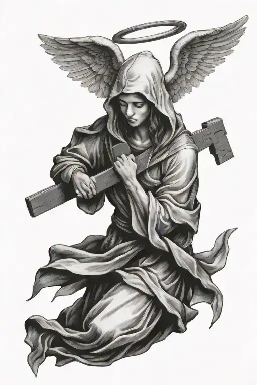 Angel Holding A Cross With A Hood