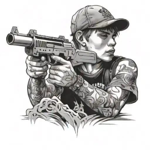 A 15 Year Old Boy With A Gun In A Cap In Shorts With Tattoos On His Body