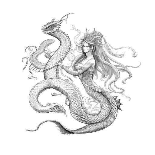 A Mermaid Holding A Snake In One Hand And A Dragon In The Other