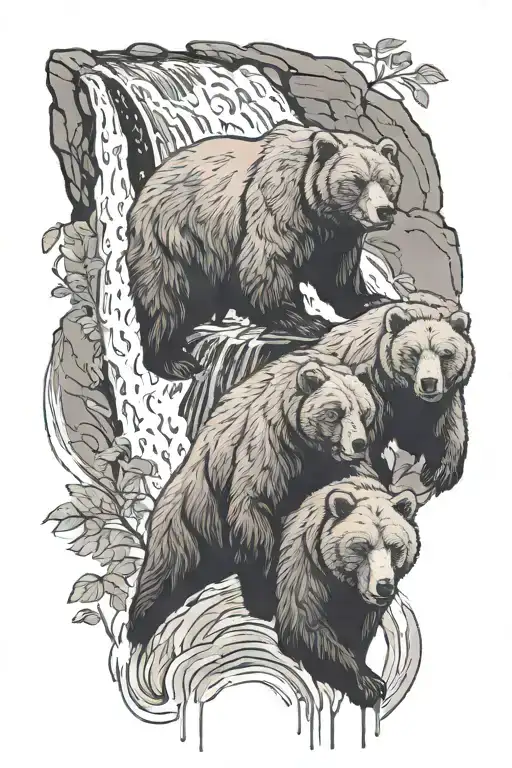Bears And Waterfall Flowing