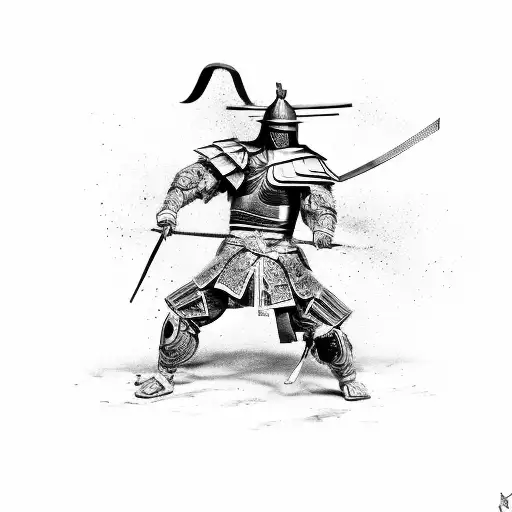 Dynamic Composition Of A Samurai And Gladiator Engaged In A Fight