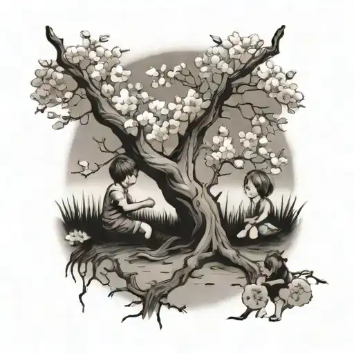 Children Playing Under A Cherry Blossom Tree With The Lord's Guiding Light Shining Down