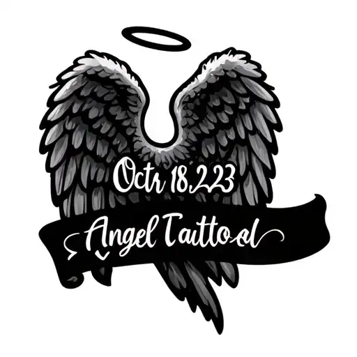 Cursive Oct 18 23 In A Line With Angel Wings On The Sides And A Halo Above