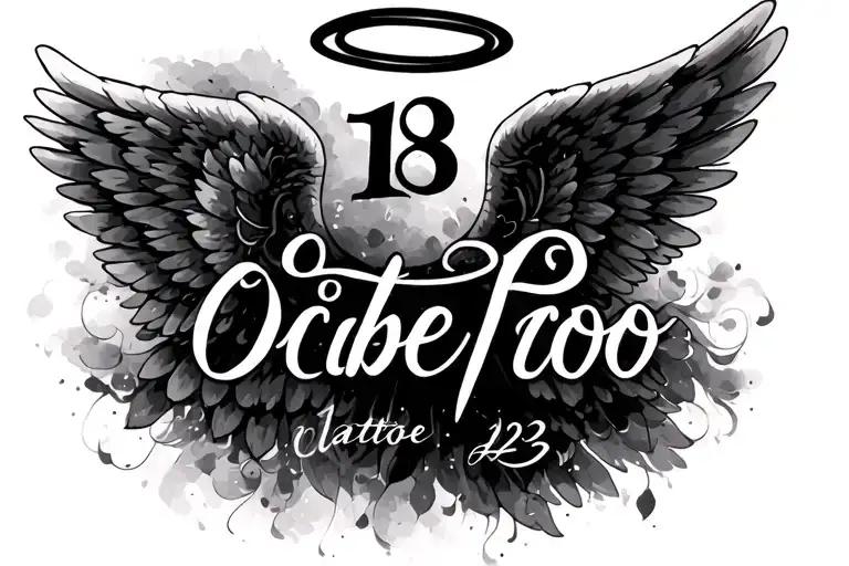 Cursive Oct 18 23 In A Line With Angel Wings On The Sides And A Halo Above