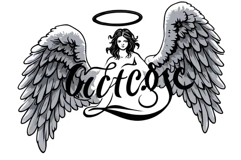 Cursive Oct 18 23 In A Line With Angel Wings On The Sides And A Halo Above