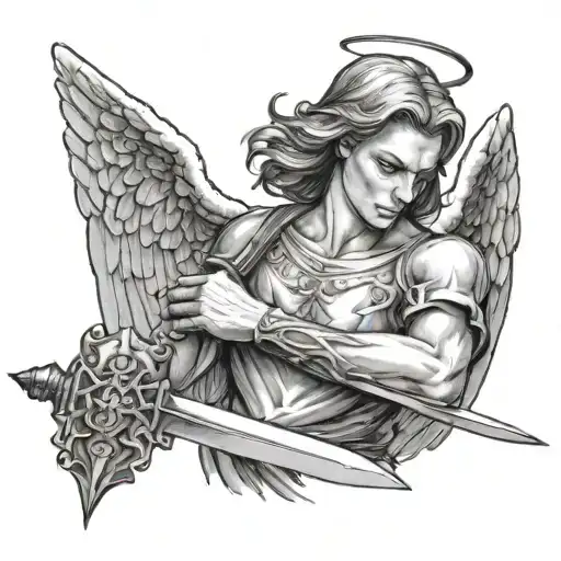 Angel Looking Down With A Sword In Hand Holding