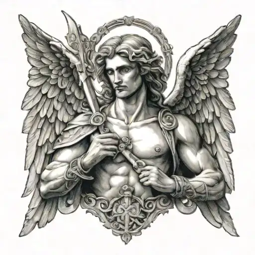 Upper Body Of A Angel Holding A Cross With Greek God Elements