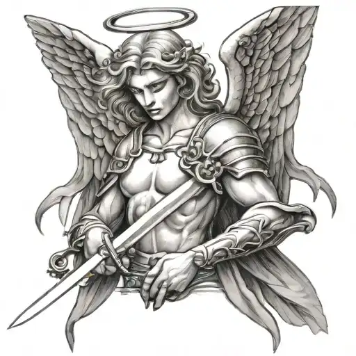 Angel Looking Down With A Sword In Hands Holding