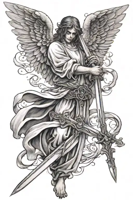 Angel Looking Down With A Sword In Hands Holding
