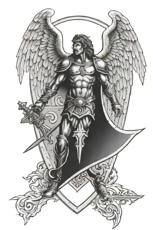Guardian Angel And Warrior Archangel And Roman Numerals Number 4 On Shield Of Warrior