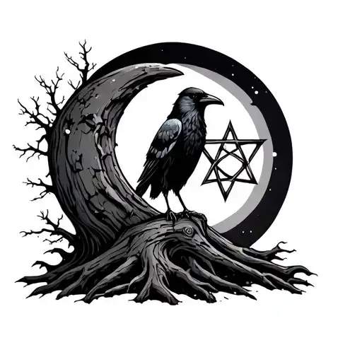 Raven Tombstone Moon Dead Trees Pentagrams In The Night