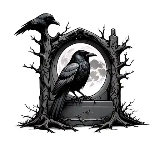 Raven Tombstone Moon Dead Trees Background Looking Through Lens