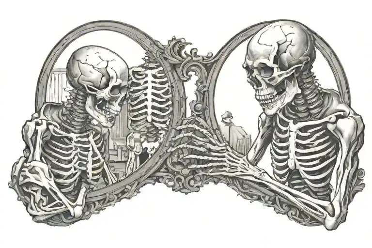 A Man Looking In A Mirror With A Skeleton As The Reflection
