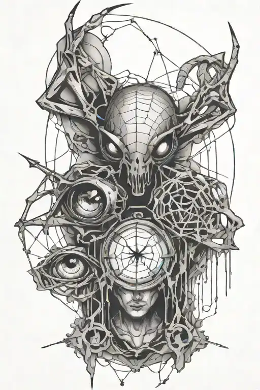 Eyes Connected By A String With A Spider And Cyber Sigilism