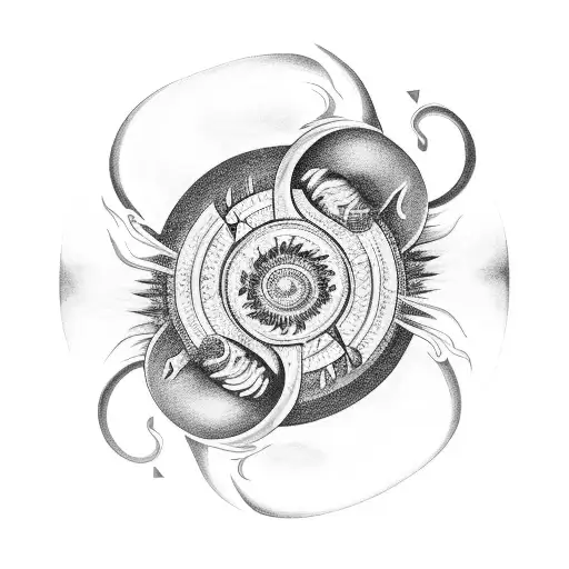 Yin And Yang With Fire And Wheel