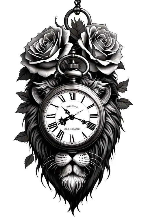 Pocket Watch And Roses And Lion Tattoo