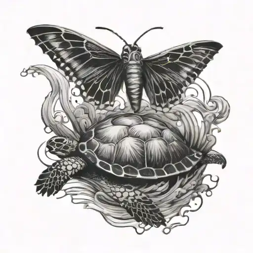 Butterfly Fading Into A Stormy Sea Turtle Swimming
