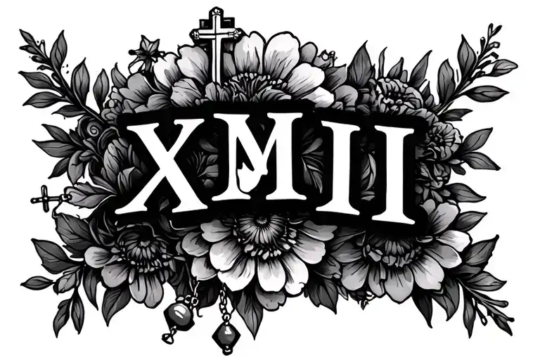Roman Numerals In A Line With Floral Pattern And Rosary Beads From A Cross In The Background
