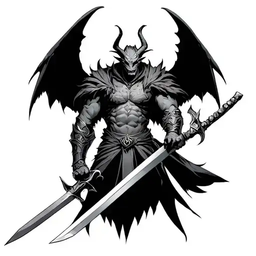 Black Work Demon Knight In The Style Of Anime With A Sword And Wings