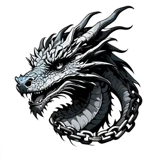 The Dragon In Chains Looks At The Distance And The Zodiac Sign Of Cancer In The Style Of Tresh Polka