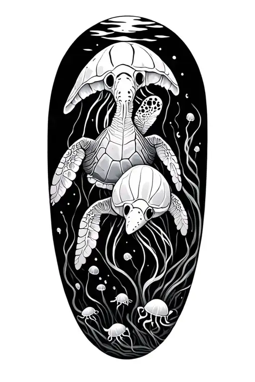 Sea Turtle And Jelly Fish In An Ocean Scene