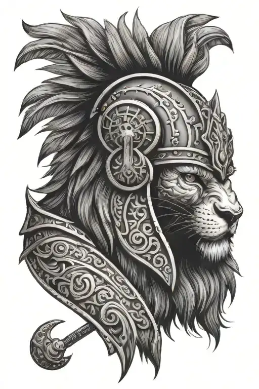 Lion And Gladiator Helmet Adorned With Intricate Tattoo