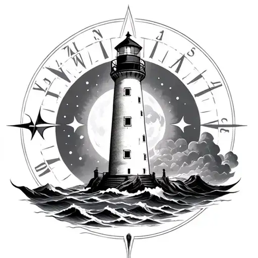 Lighthouse In A Storm Sun And Moon Wind Rose And Compass Pointing To Russia