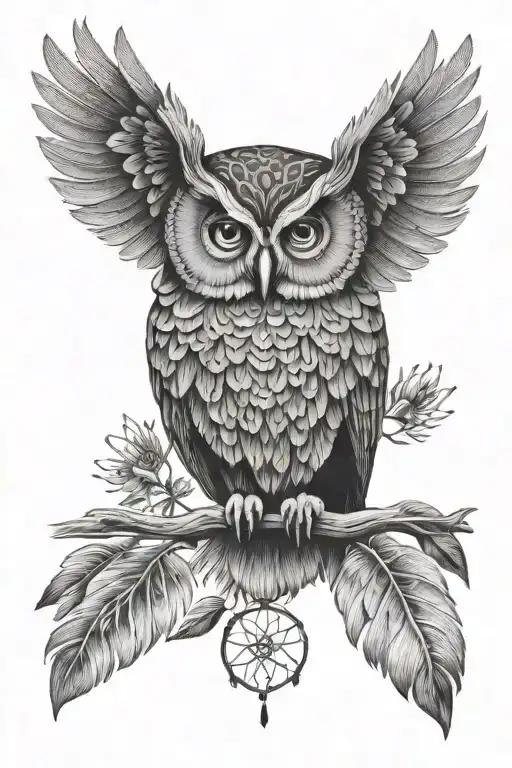 Owl With Dreamcatcher Dotwork