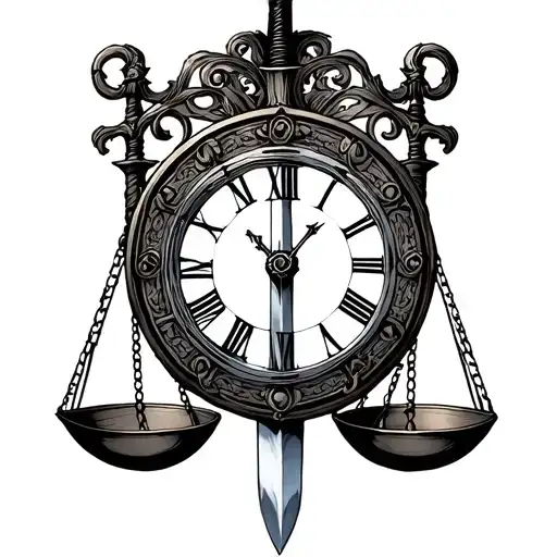 Libra Scale With Sword And Roman Numeral Clock