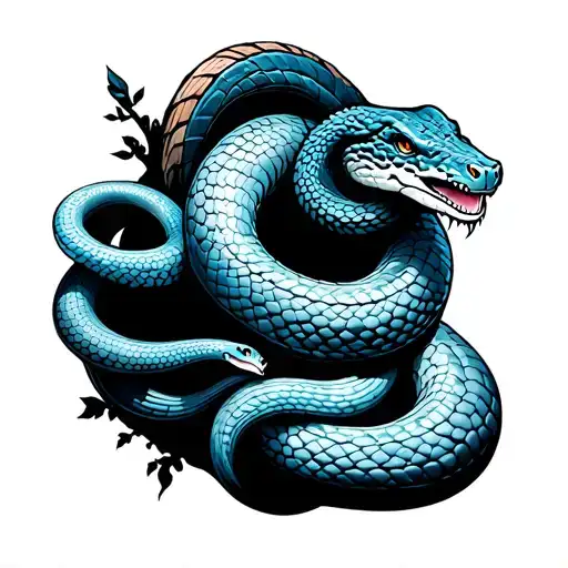 2 Blue Snakes Are Walking Around A Large Tree Trunk