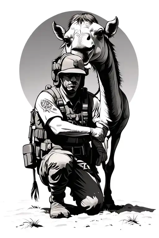 Soldier Kneeling In Desert With Camel