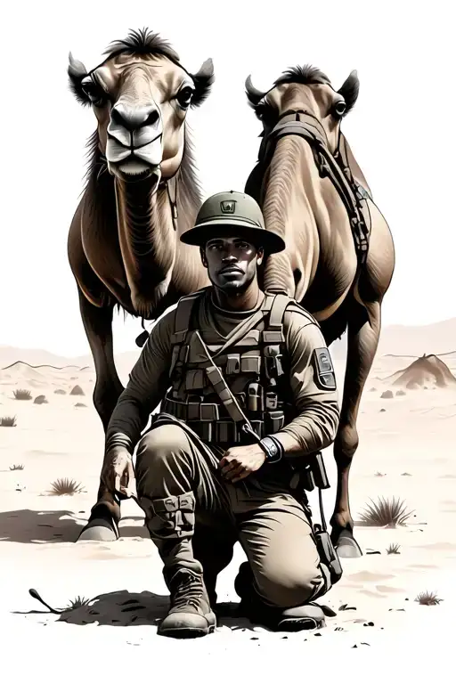 Soldier Kneeling In Desert With Camel In Back Ground