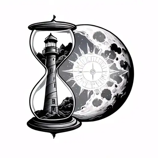 Lighthouse In An Hourglass On The Background Of The Moon And Sun With A Compass