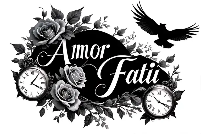 Amor Fati Script With Birds Flying Clocks And Roses