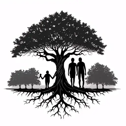 A Tree With Roots And Silhouettes Of A Family 3