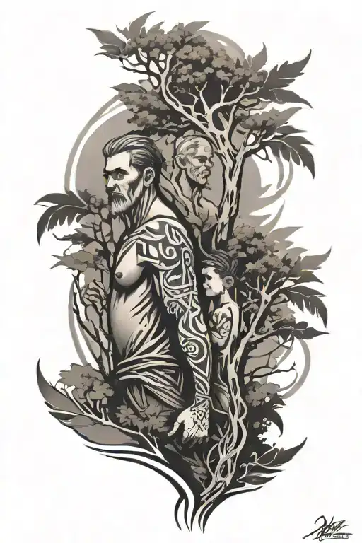Tribal Sleeve With Trees And A Father And Son Holding Hands