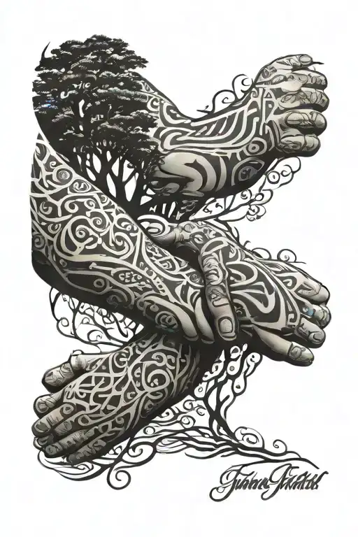 Tribal Sleeve With Trees And A Father And Son Holding Hands