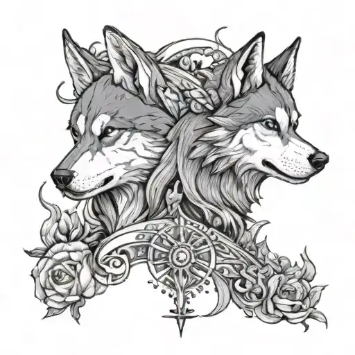 Create A Tattoo For A Forearm That Features Melenia From Elden Ring And A Husky Under It