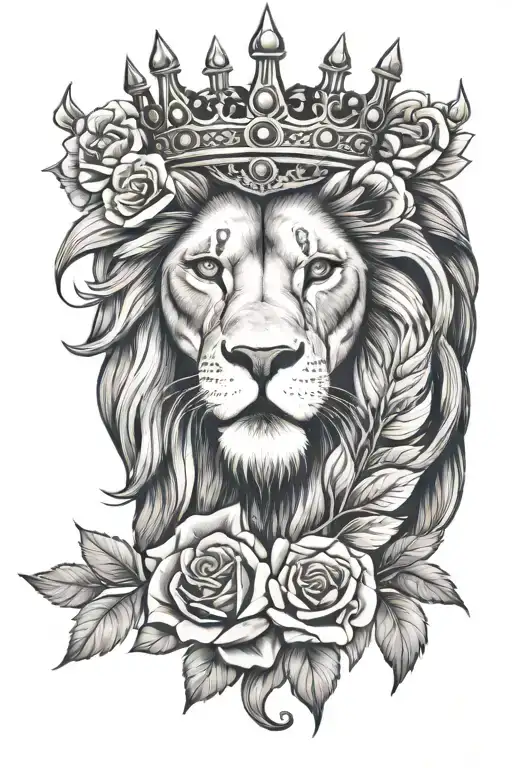 Lion Head With Crown And Rose