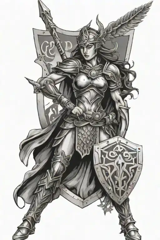 Valkyrie Warrior Holding Spear And Shield With Runes Of Feminine Power On Shield